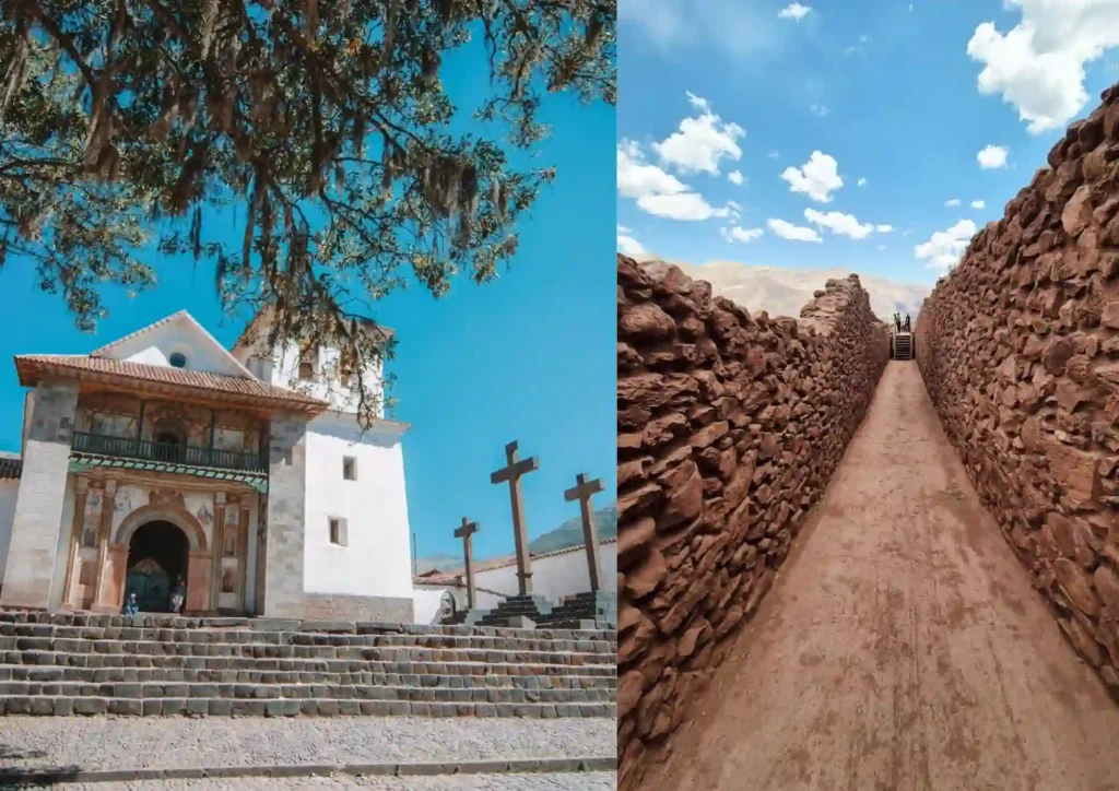 Collage de la Capilla de Andahuaylillas y el sitio arqueológico de Pikillaqta