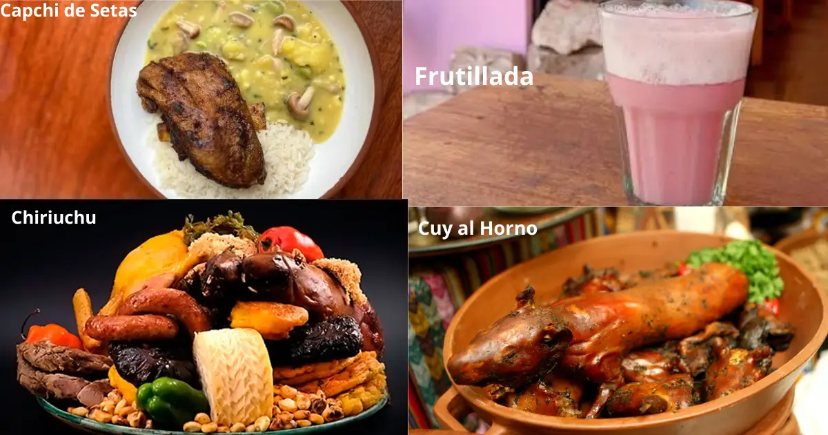 Comida típica del Cusco con Capchi de Setas, Frutillada, Chiriuchu y Cuy al Horno