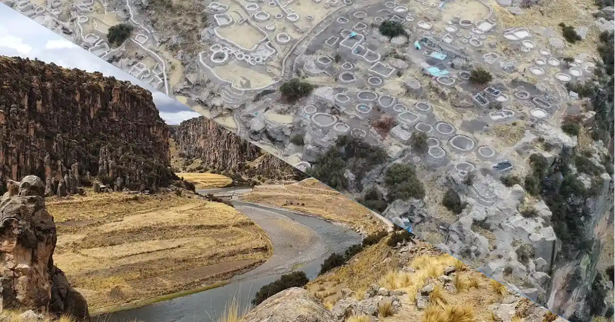 Estructuras de piedra en una ladera del Camino Inca