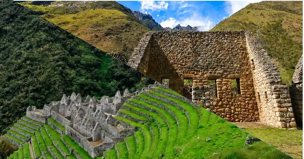 Ruinas de Chachabamba y Wiñay Wayna rodeadas de montañas verdes
