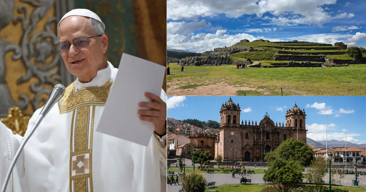 Papa durante su visita a Cusco con montañas de fondo